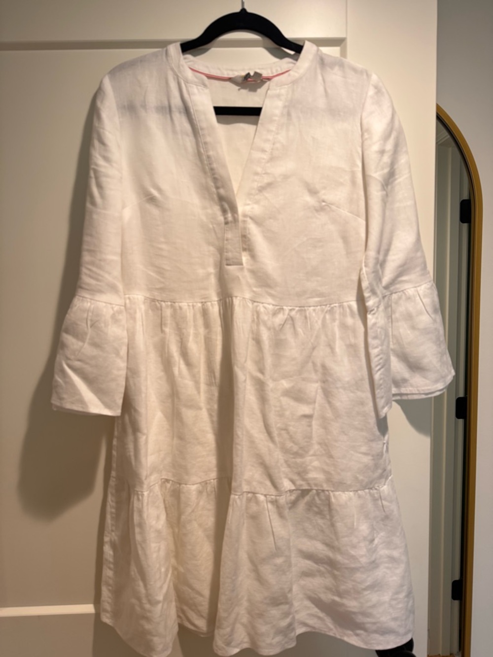 Boden White Linen Tiered Dress with V Neck